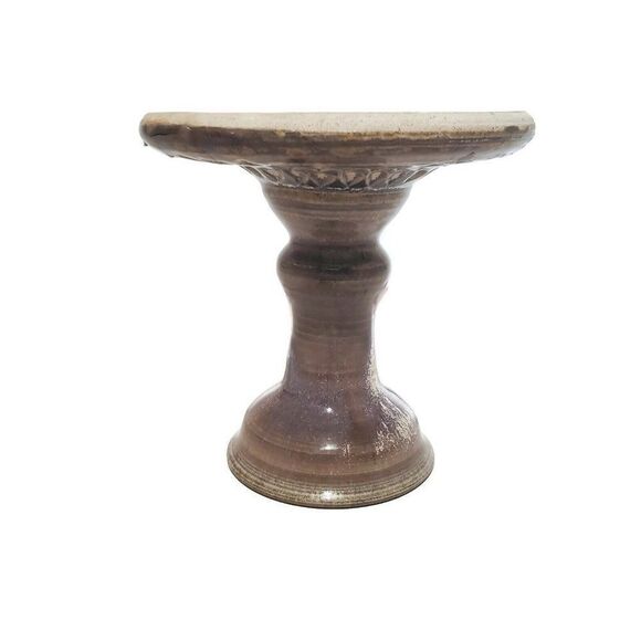 Vintage Handmade Pottery Ceramic Footed Pedestal Iridescent Glaze Blue Tan Cream - Picture 1 of 5